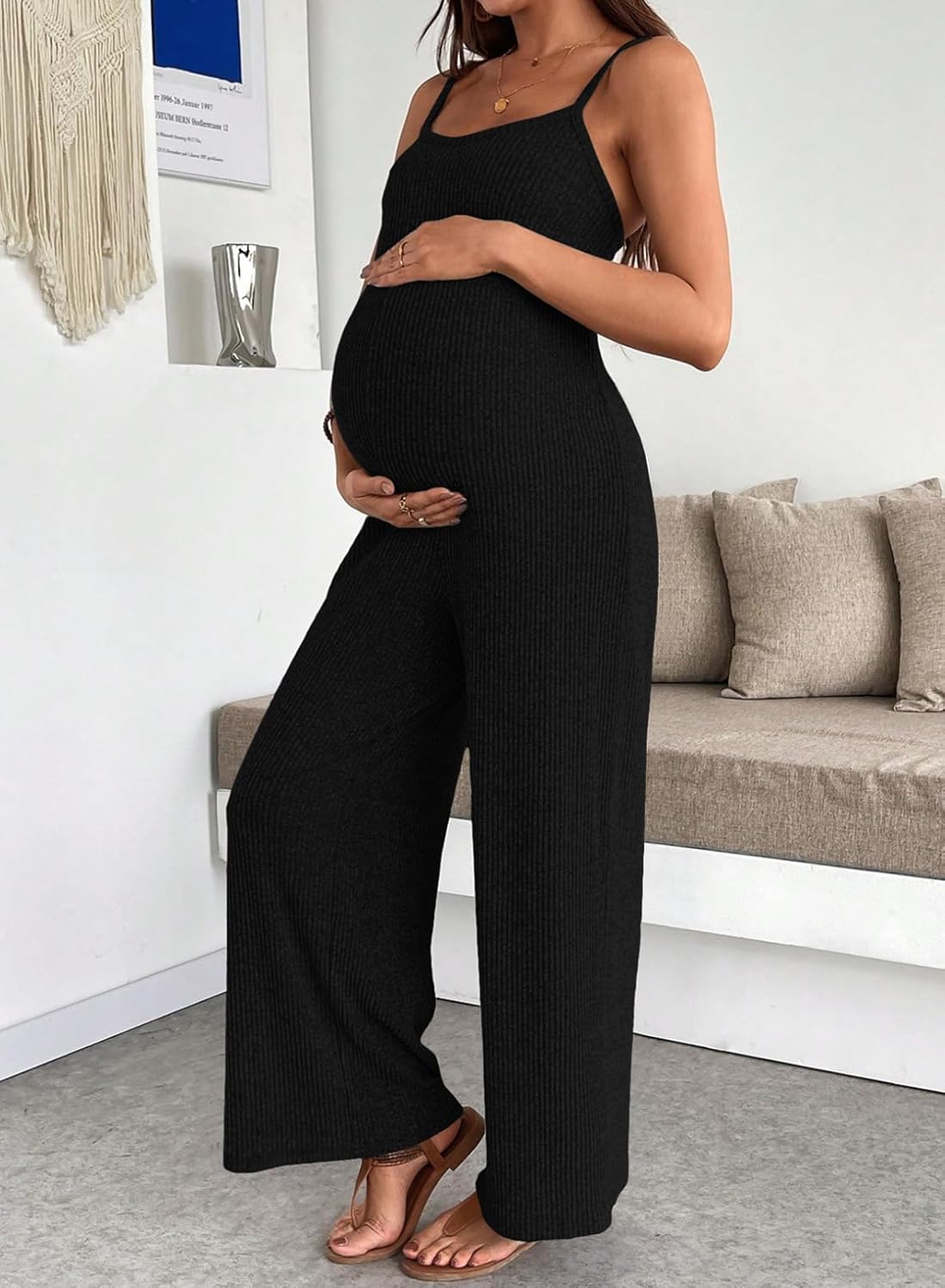 BLENCOT Maternity Ribbed Jumpsuit Sleeveless Square Neck Wide Leg Stretchy One Piece Romper - Image 4