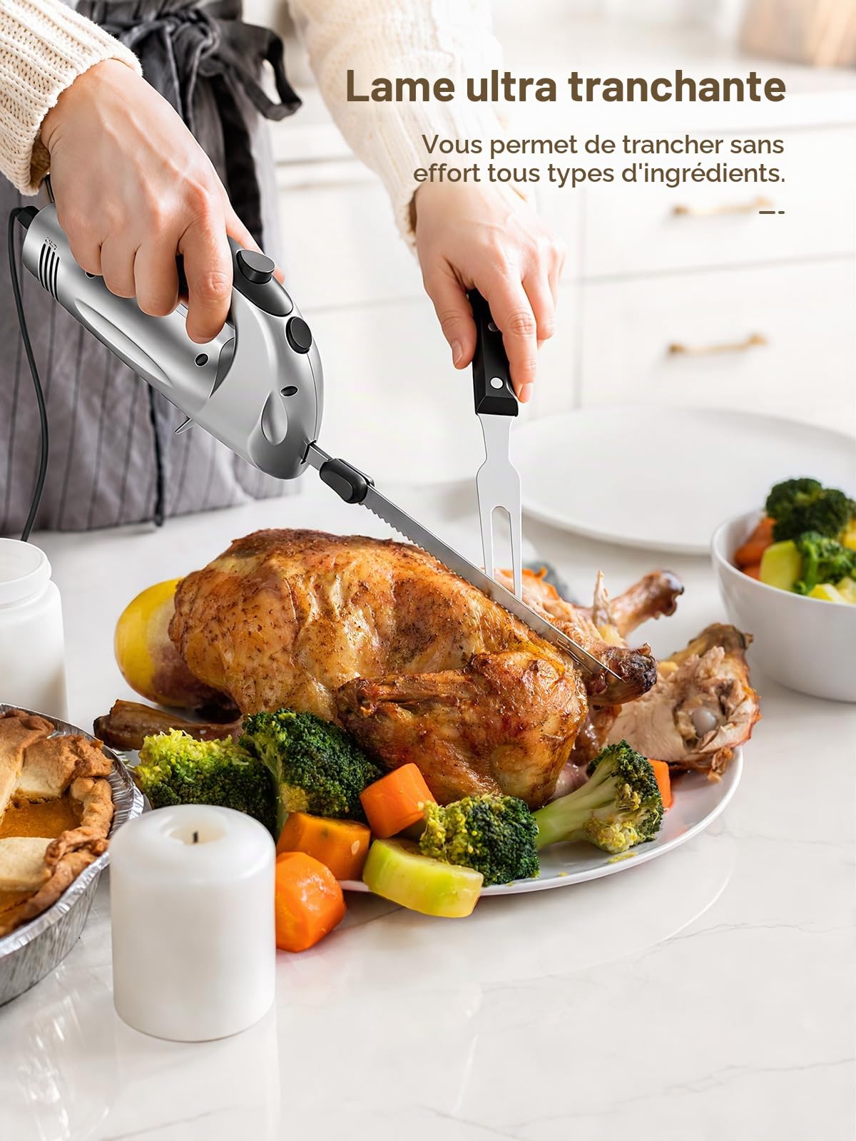 Yabano Electric Knife 150W, Bread & Roast Kitchen Slicer, 2 Blades | Stainless Steel, for Hard Crust and Roast Baguette, Double Safety Lock, with Meat Fork Included