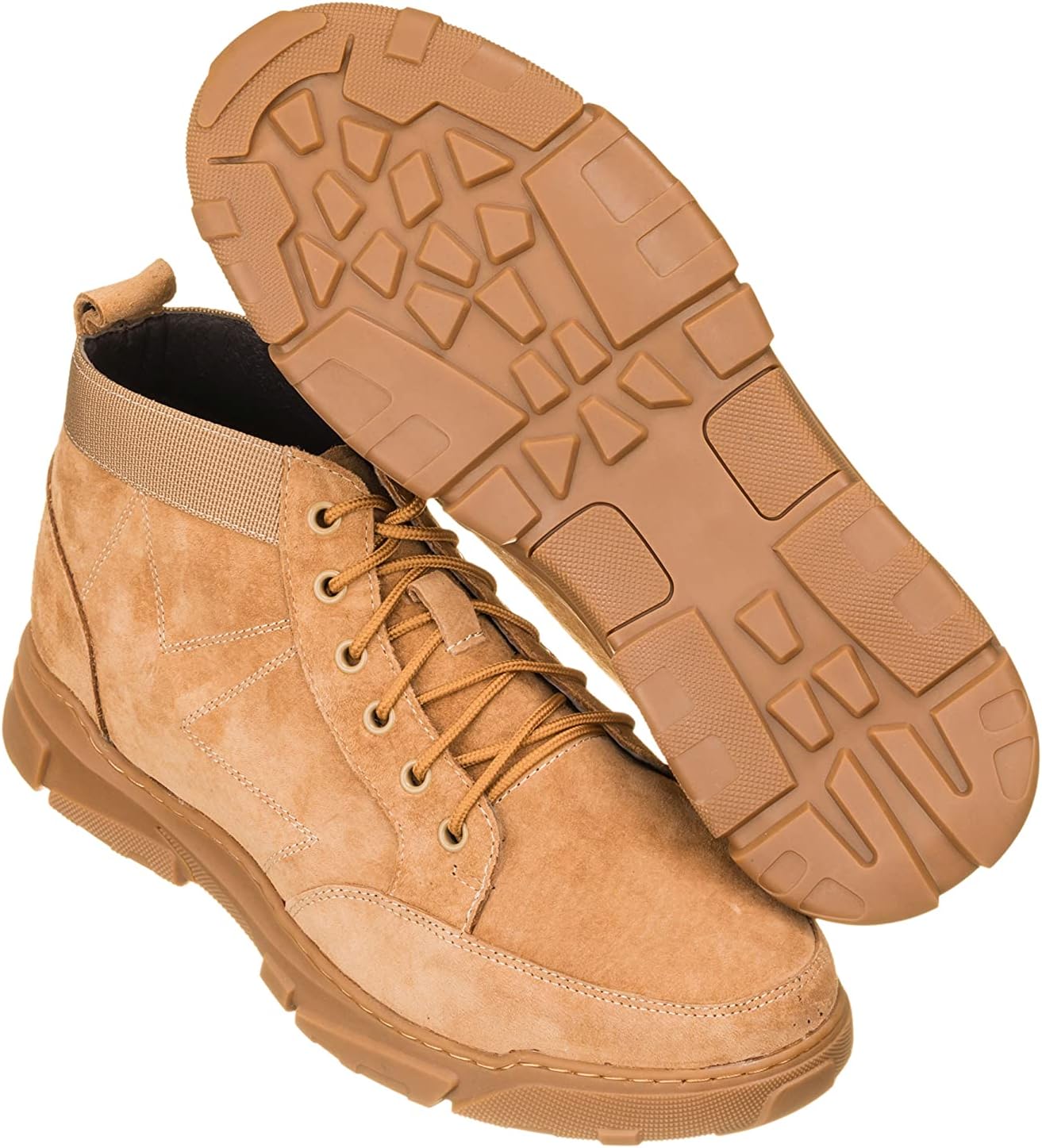 CALTO Men's Invisible Height Increasing Elevator Shoes - Nubuck Desert Tan Lace-up Work Boots - 2.9 Inches Taller - K50131- Size 8 D(M) US