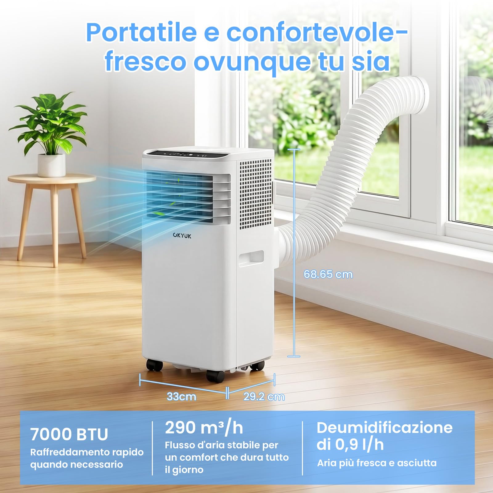 Climatiseur Mobile 7000 BTU avec tuyau d'évacuation | Climatiseur portable 4 en 1 | Fonctionnement silencieux | Kit d'installation fenêtre | Minuterie 24 heures | Pour pièces jusqu'à 25 m²