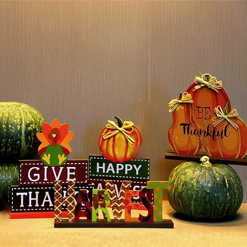 Miniatura 8 de MorTime Paquete de 4 carteles de mesa con temática de Acción de Gracias, decoración de mesa de calabaza de madera, decoración de mesa de calabazas