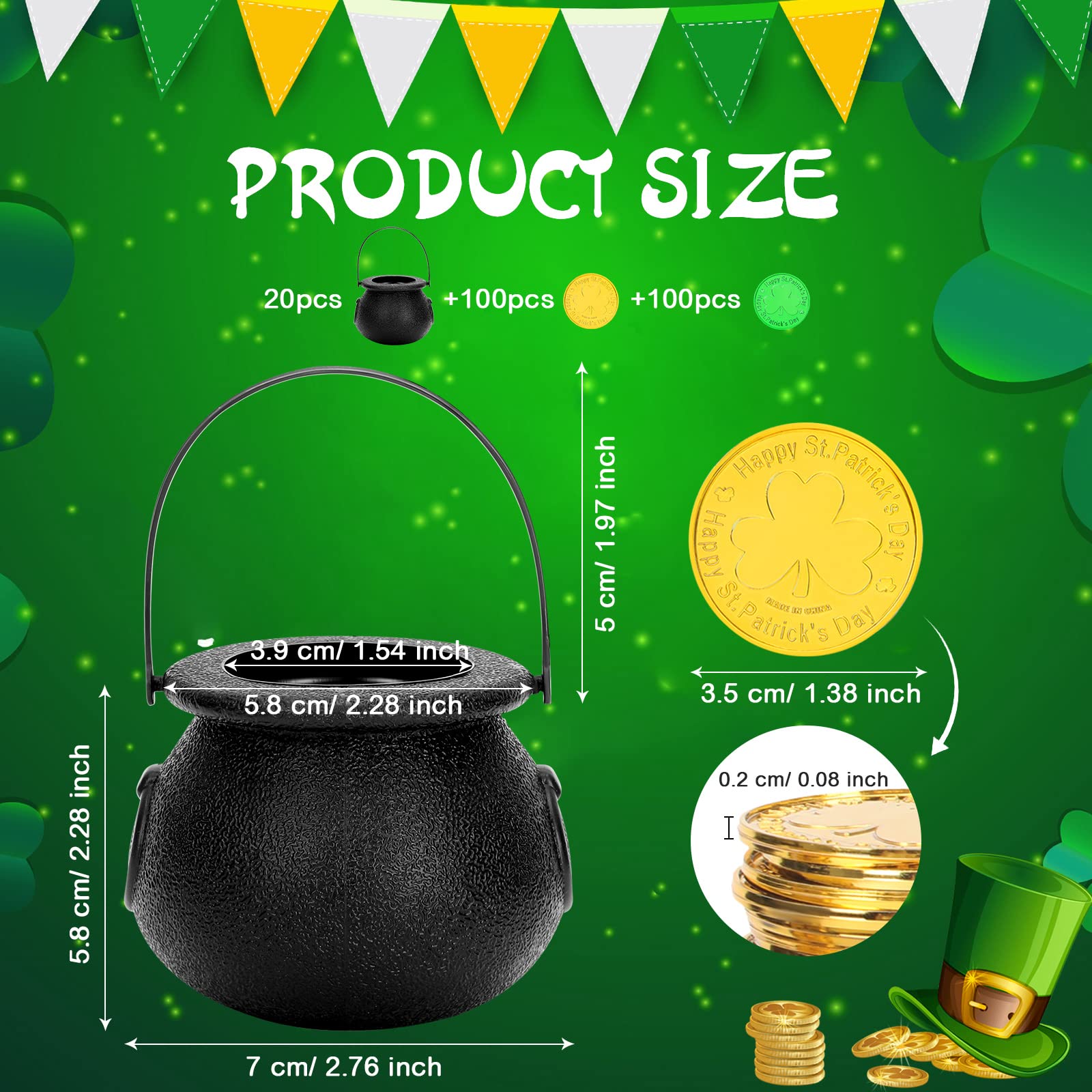 20 Pcs Mini Black Cauldron Candy Kettles Plastic St Patricks Day Pot of Gold with 200 Shamrock Coins Gold Green Lucky Saint Patricks Day Coins for Leprechaun Halloween Candy Party Supplies Decor