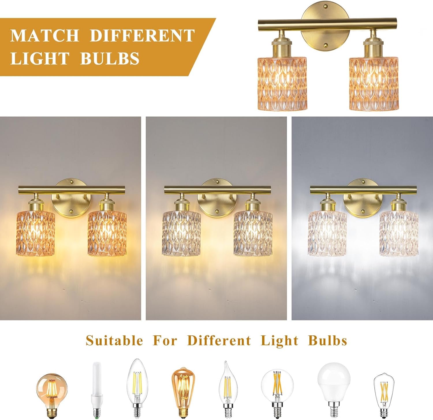 Bathroom Vanity Light, Gold Wall Fixture Over Mirror, Amber Glass Shade Lighting with Bulbs Included for Bedroom & Living Room, 2-Lights