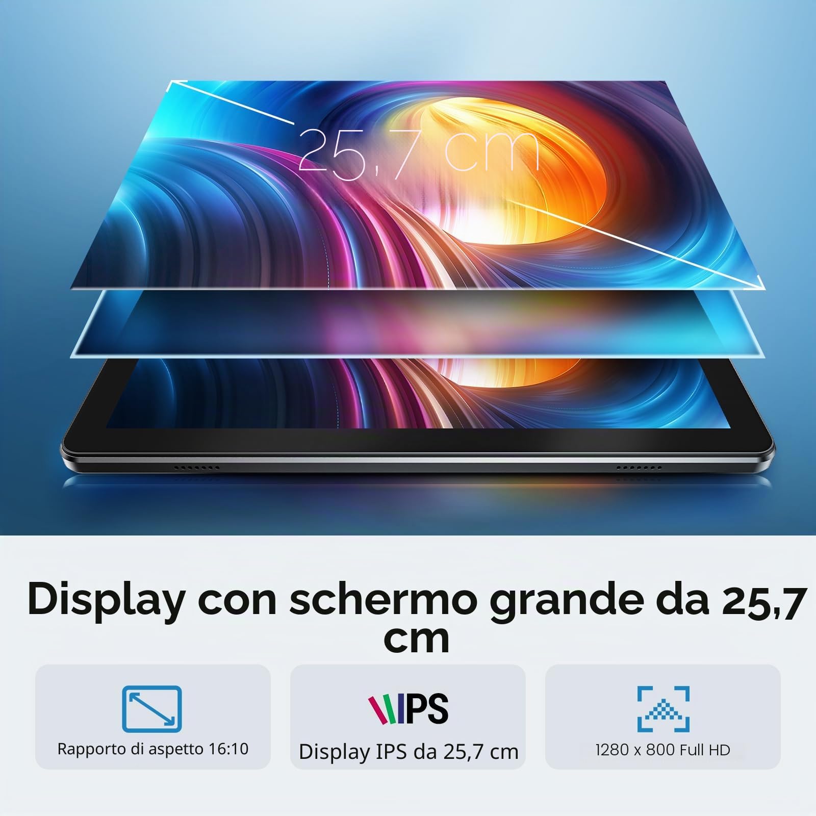 Tablet 10 Pollici, Tablet Android 15 con Cover, Unisoc T30 Quad-Core, 18 GB RAM + 128 GB ROM + 1 TB TF, Display HD IPS 1280x800, Fotocamera Doppia 5MP+8MP, 6000 mAh, WiFi 6, BT 5.0, Widevine L1 (K50)