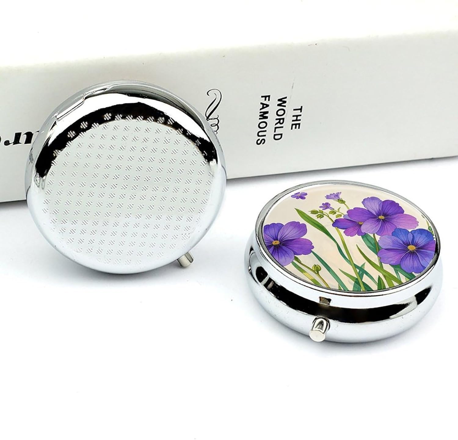 Round Silver Pill Box Small Pill Case for Purse and Pocket 3 Compartment image 5
