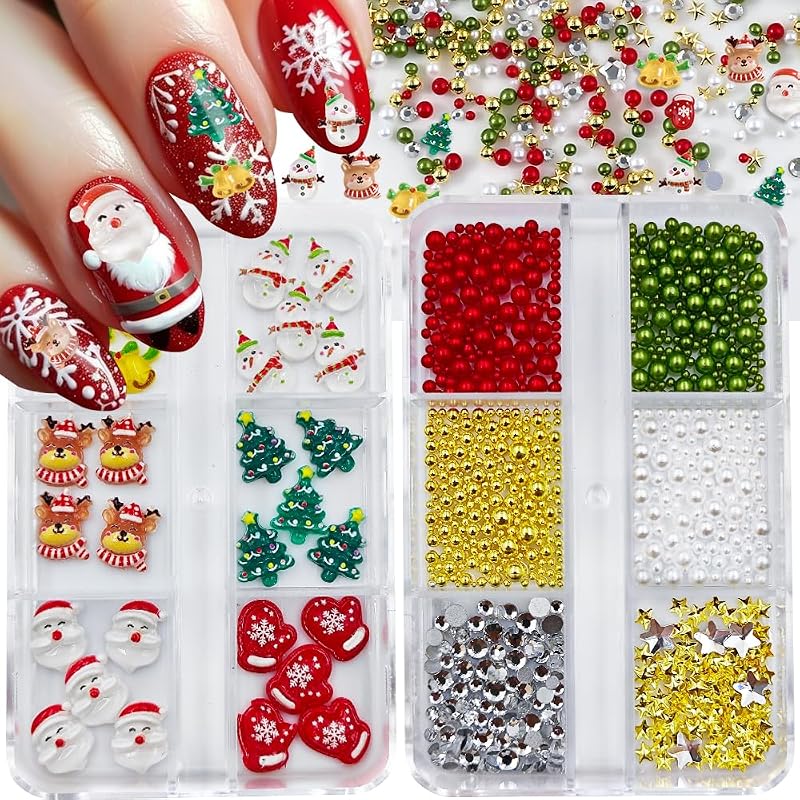 Christmas Nail Charms, 2Boxes Red Green Christmas Nail Gems Charms, Metal Gold Snowmen Elk Xmas Tree Bells Winter Charms with Flatback Pearls for Acrylic Nail Art Alloy Nail Rhinestones