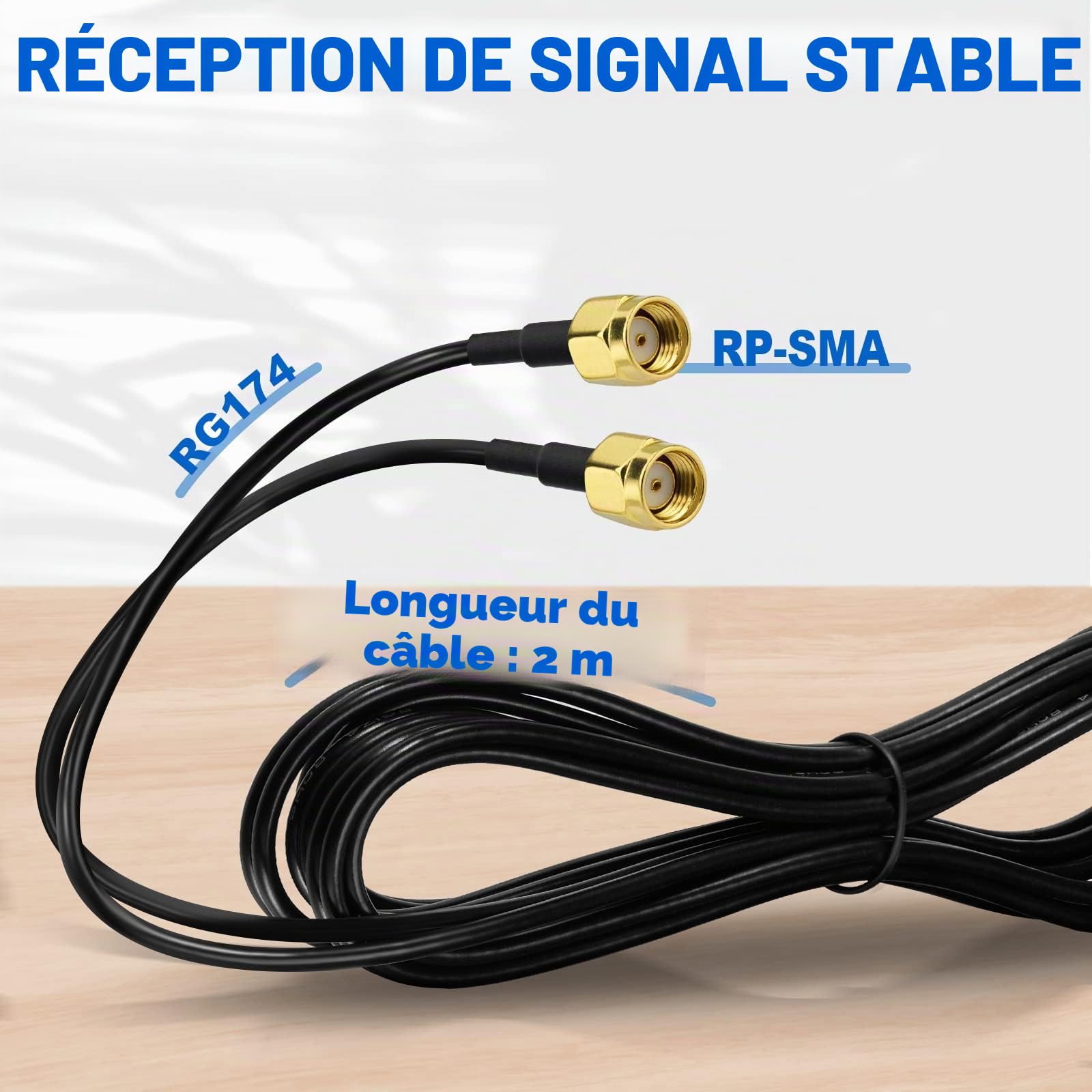 Eightwood Antenne WiFi 6E Tri-Bande (2.4/5/6GHz) avec Base Magnétique, 2M RG174 Câble(RP-SMA), pour PC/Routeur/Carte PCI, Amplificateur Signal Gaming/Streaming 4K, Compatible Wi-FI 6/6E