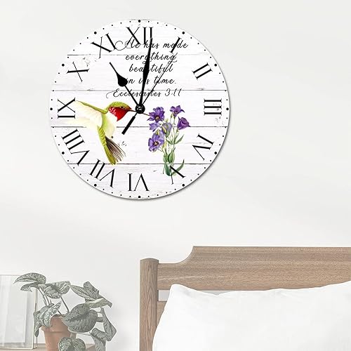 Miniatura 176 de ArogGeld He Made Everything Beautiful - Reloj de pared de PVC con flores rosadas, colibrí, reloj de pared grande con cita y números romanos, reloj