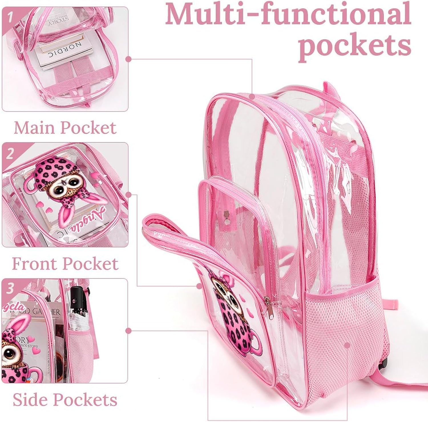 Clear Daypack for Kids Adults with Name Custom, Multifunctional Owl Leopard Print Bow Cup Transparent Backpack for College, Workplace, Personalized Back to School Gifts - Image 4