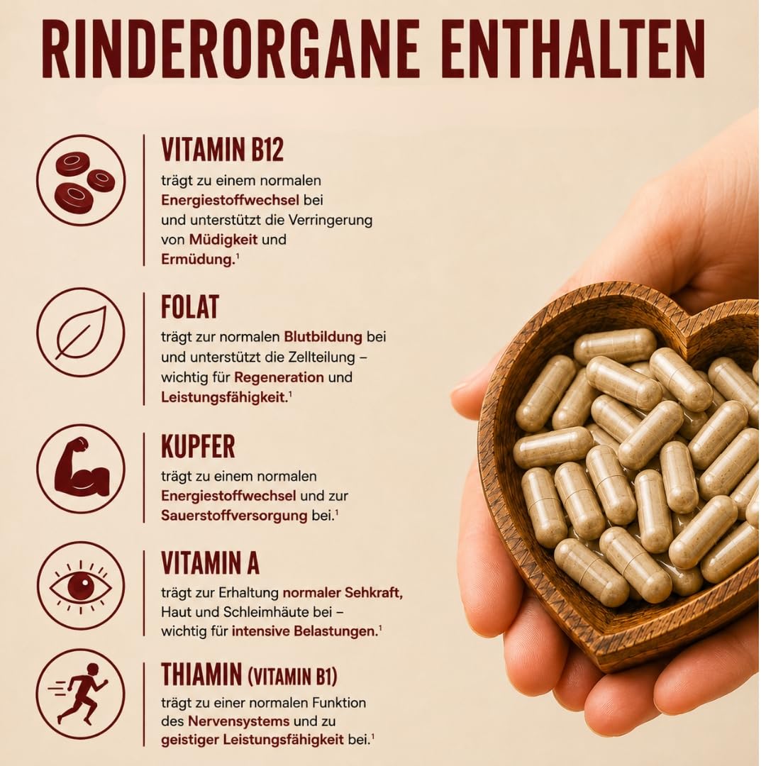 Rinderleber & Rinderherz Kapseln Bio – 240 Kapseln von Weiderindern aus Deutschland | Grasgefüttert & ökologische Haltung I Organ-Supplement für Energie, Leistung & Blutbildung I AUR Naturals