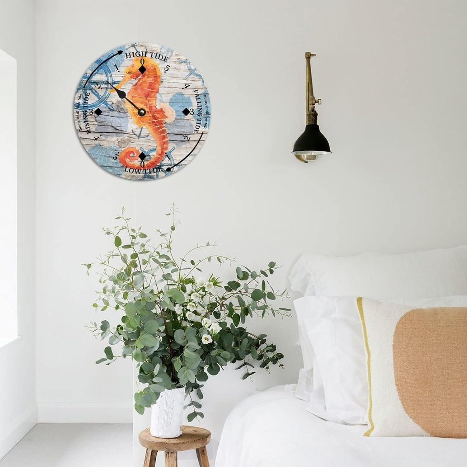 Rustic Wood Tide Clock Ocean Hippocampus Ocean Time Rustic Wooden Clock Wood Moon Tidal Clock for Wall High and Low Tide Movement Clock for Seaside House Cottage Hotel Camping 15x15 in