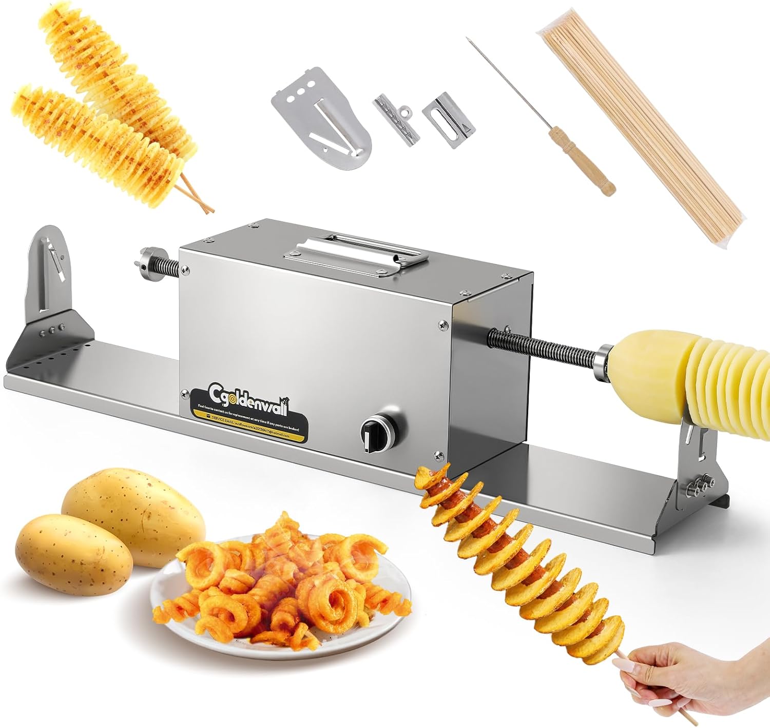 CGOLDENWALL Spiral Potato Cutter 3-in-1 Electric Tornado Potato Slicer for Curly Fries/Twist Hot Dog, Dual-Station Cutting, Automatic Potato Twister, Vegetable Cutting Machine for Home Commercial Use