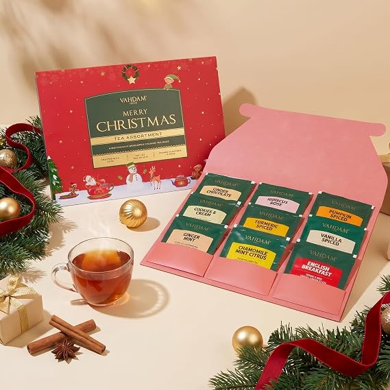VAHDAM, Merry Christmas Tea Gift Set (9 Individually Wrapped Tea Bags) Limited Edition -Gluten Free, Non GMO