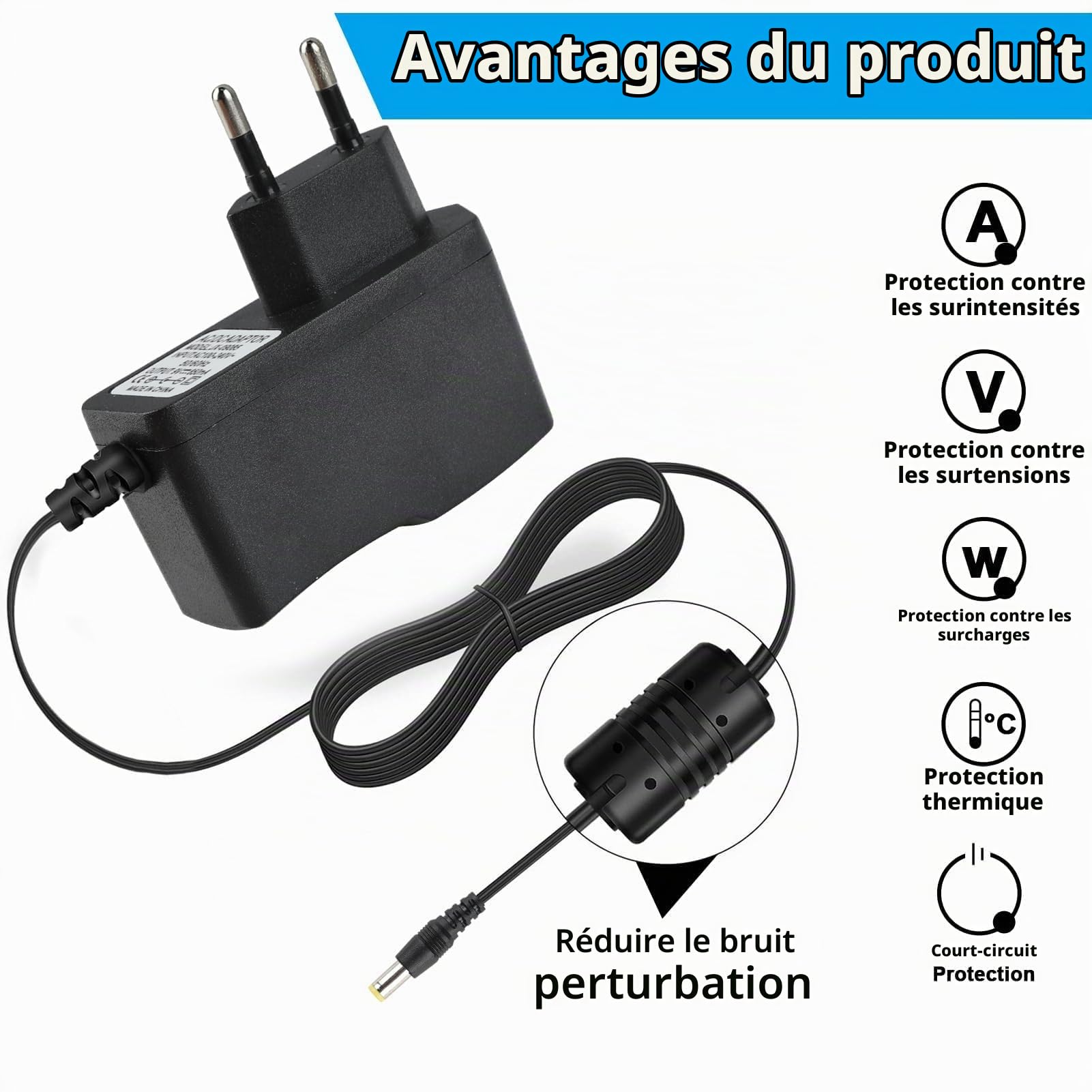 Chargeur Adaptateur d'Alimentation Universel 9V-850mA pour Pédales d'Effet Guitare - Câble de 2m avec Connecteur 5,5mm x 2,1mm, Pointe Négative, Compatible Multi-Marques