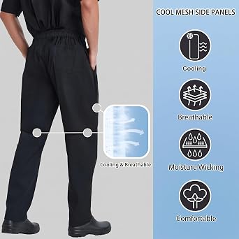LETAOTAO Men's Black Chef Pants Breathable Mesh Panels Kitchen Work Pants | Men's Chef Pants With Breathable Mesh Panels For Comfortable All-Day Kitchen Wear