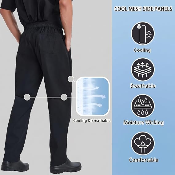 LETAOTAO Men's Black Chef Pants Breathable Mesh Panels Kitchen Work Pants | Men's Chef Pants With Breathable Mesh Panels For Comfortable All-Day Kitchen Wear