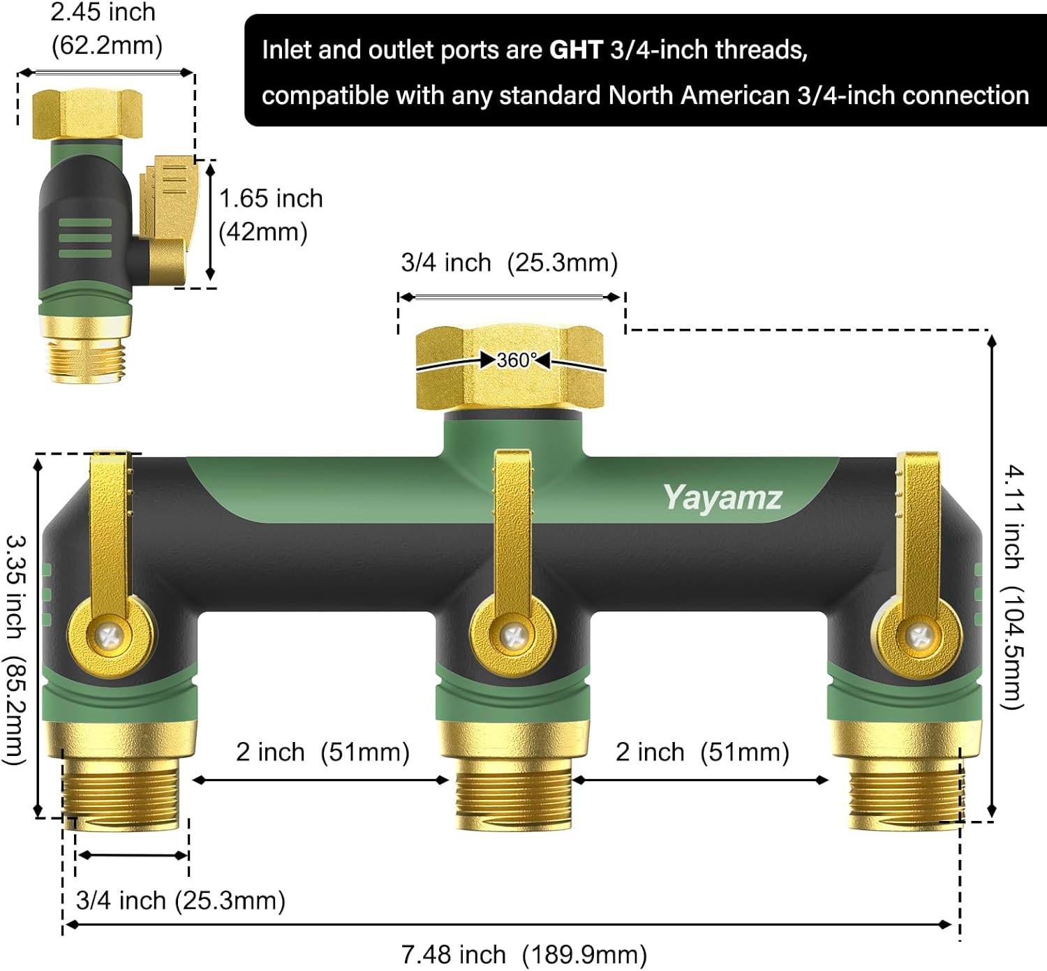 3-Way Hose Splitter, High-Flow Outdoor Faucet Splitter, 3/4-inch GHT Thread, Large Garden Hose Adapter for Connecting to Various Irrigation Timers and Hoses (Green)