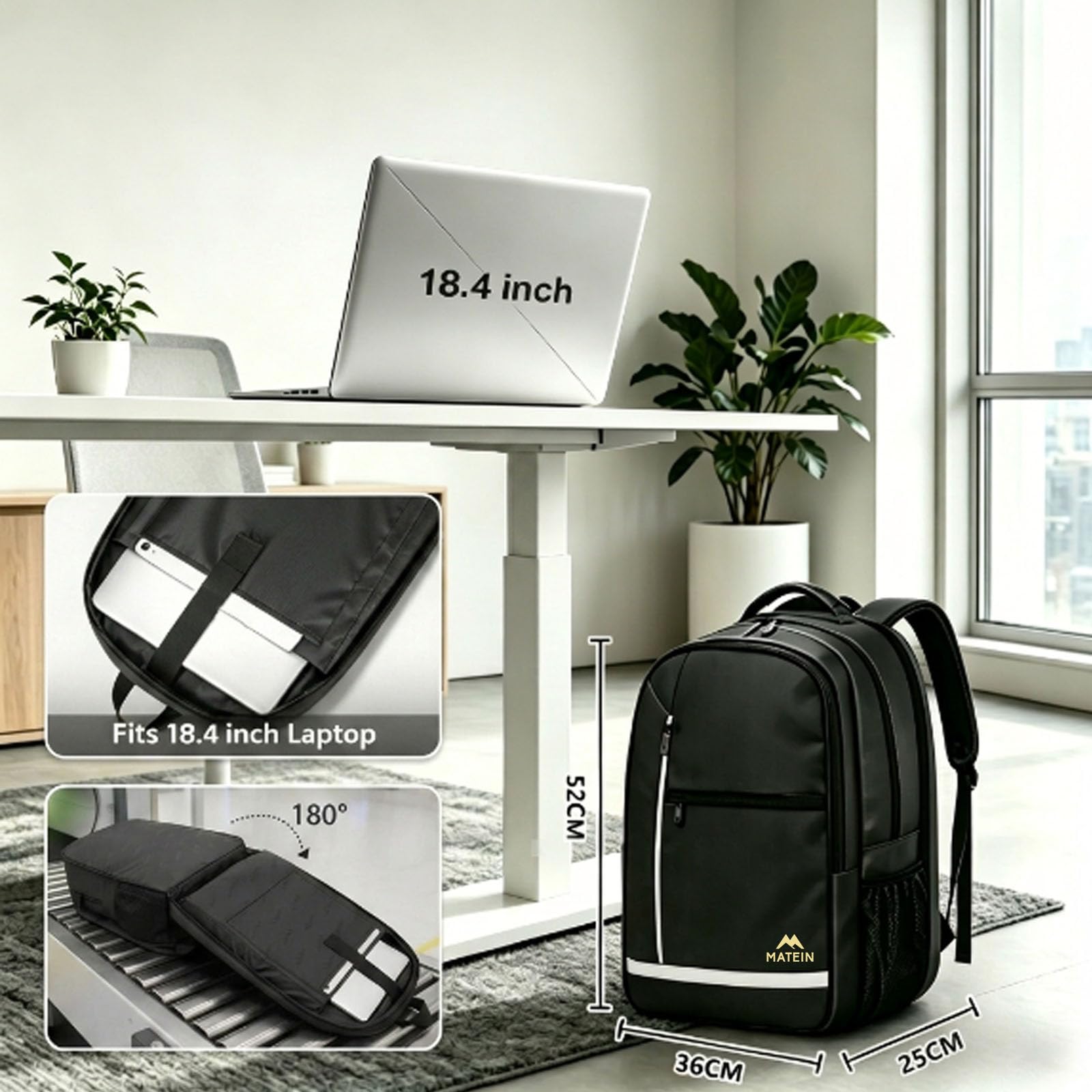 MATEIN Extra Large Backpack 55L, Work Backpack, Laptop Rucksack for Men Work, Large Rucksack with TSA Laptop Compartment, Spacious Capacity Fit for Office, Business Travel, Daily Use, Black — view 3