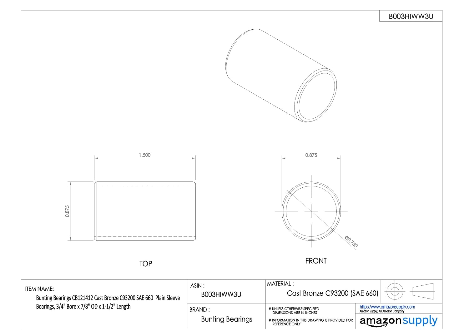 CB121412 Cast Bronze C93200 SAE 660 Plain Sleeve Bearings, 3/4" Bore x 7/8" OD x 1-1/2" Length