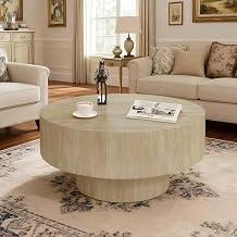 76CM Round Drum Coffee Table Modern Travertine Coffee Tables with Sturdy Pedestal, Circular Wood Center Table Circle Side Table for Living Room Apartment