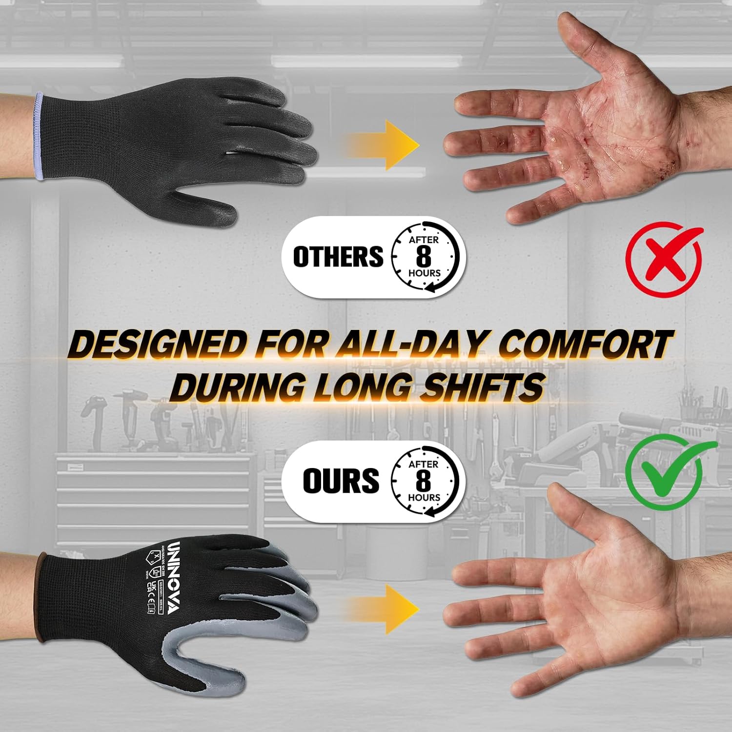 UNINOVA 13 Gauge Smooth Nitrile Coated Work Gloves, Lightweight Thin Safety Utility Gloves,Non-Slip Abrasion-Resistant for Assembly, Inspection, Warehouse, DIY & General Handling 12 Pairs Large