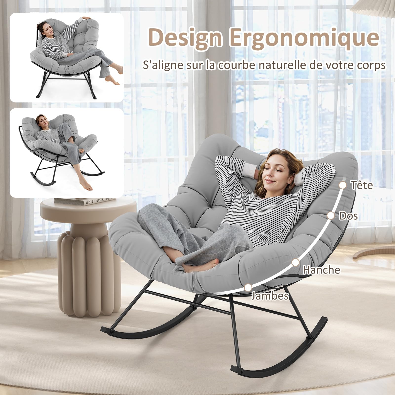 RELAX4LIFE Fauteuil à Bascule de Jardin, Chaise Papasan avec Coussin et Cadre en Métal pour Intérieur et Extérieur, Charge 205KG pour Chambre Salon Porche Jardin Terrasse (Gris) (Gris Clair)