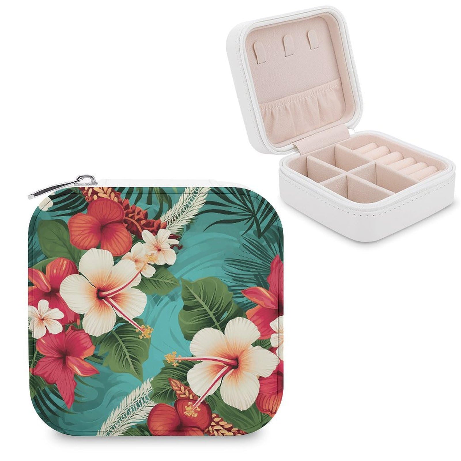 VstaDank Hawaiian Flowers on Green Background Jewelry Box Beautiful Portable Ring Boxes Cute Large-Capacity Jewelry Case Jewelry Organizer for Mothers Gifts for Earrings Rings Hand Bracelet