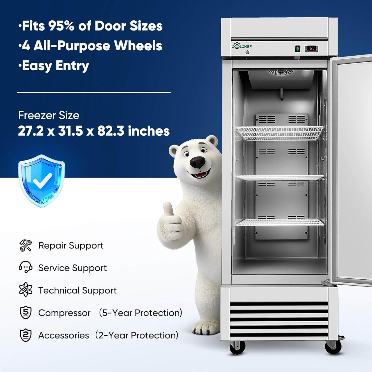 Commercial Freezer Upright Standing 20 Cubic Feet Stand Up Freezing Reach in Vertical Standing Freezer Stainless Steel 1 Door -8~0℉ Cooler Shelves Commercial Meat Frost Free Upright Freezers