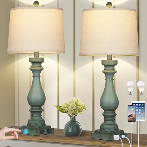 Miniatura 1 de Juego de 2 lámparas de mesa de 29 pulgadas de alto para sala de estar, lámparas vintage para mesita de noche con puertos USB C+A y salida de CA,