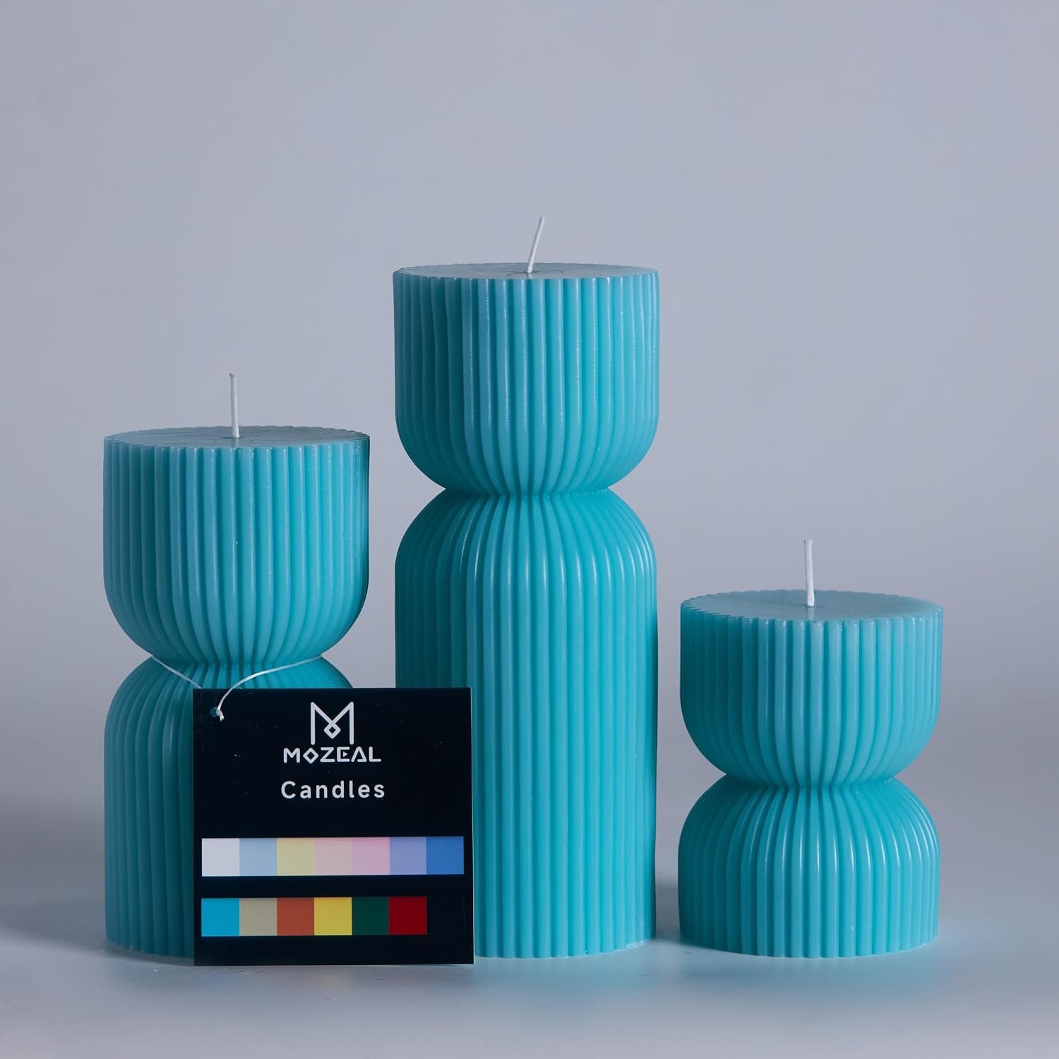 MOZEAL Hand-Poured Hourglass Ribbed Soy Pillar Candles Trio - Decorative White Unscented Dripless Smokeless (3",4",6",8") 300 Hr Burn - Modern Home Décor