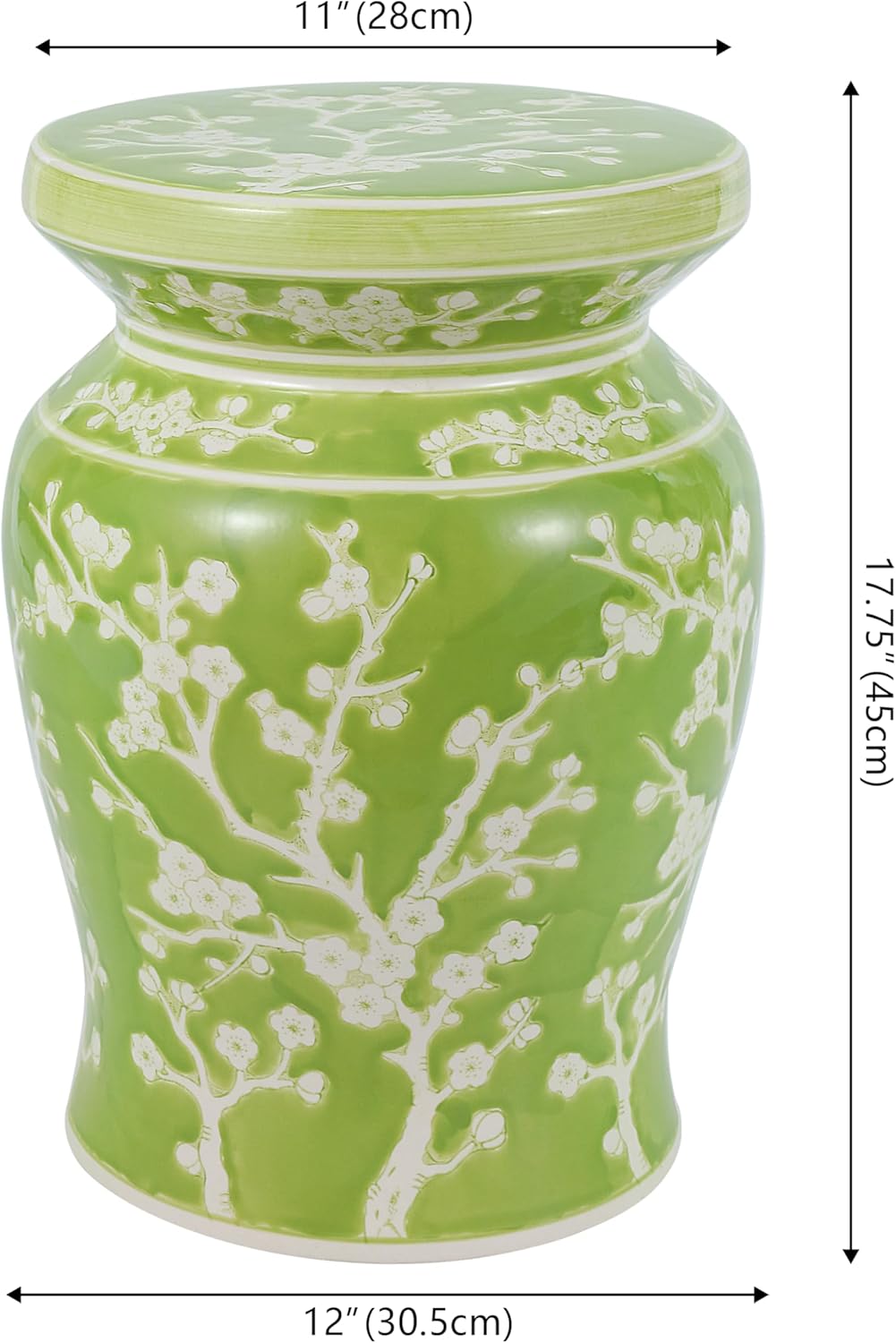Eyely LBT1017C Cherry Blossom 17.7" Ceramic Garden Stool, Green/White
