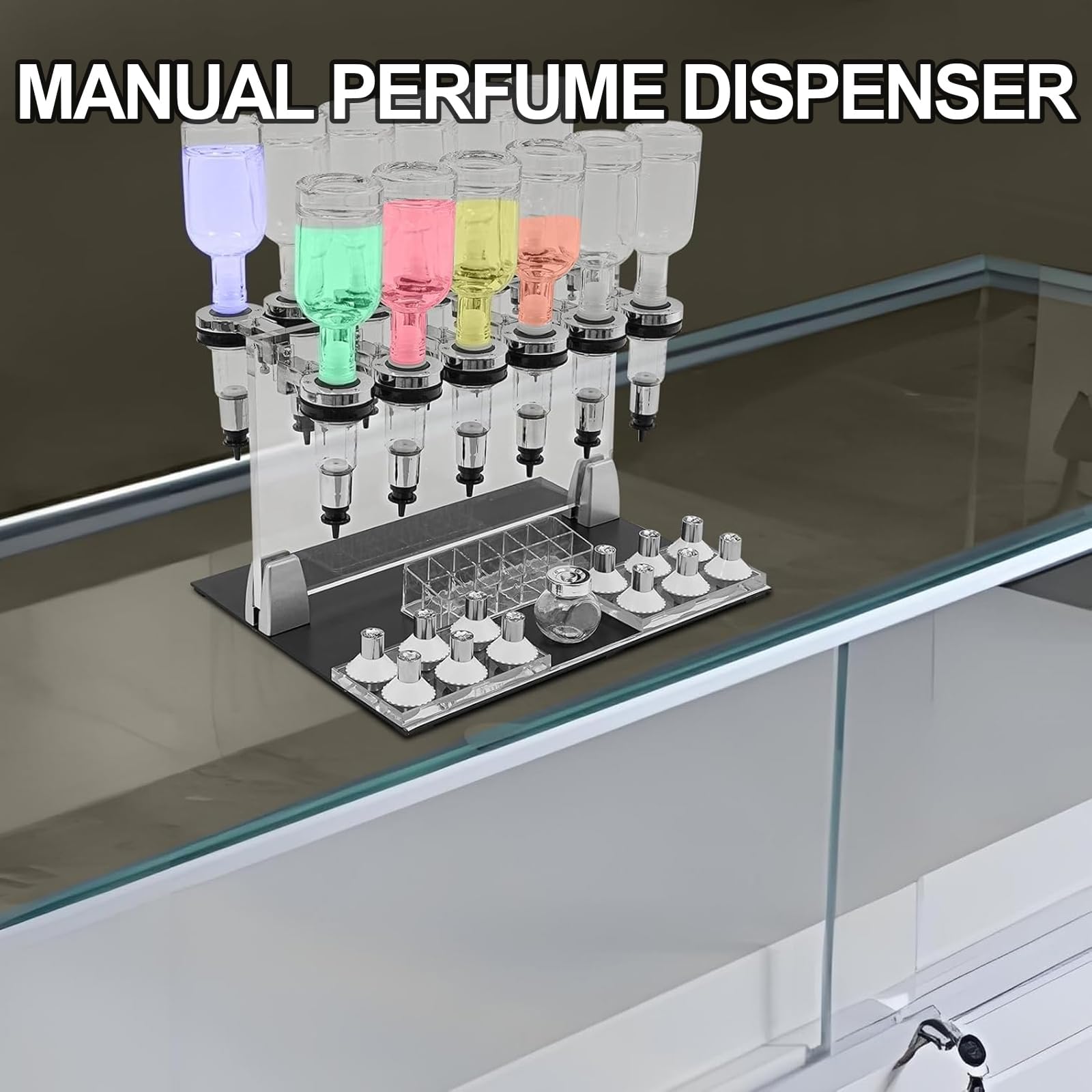 Ręczna stacja dozująca perfumy, pojemność 12 butelek z głowicami pompy i kubkami testowymi, pompki dozujące 200 ml, idealna do sklepu, studia, salonu i baru
