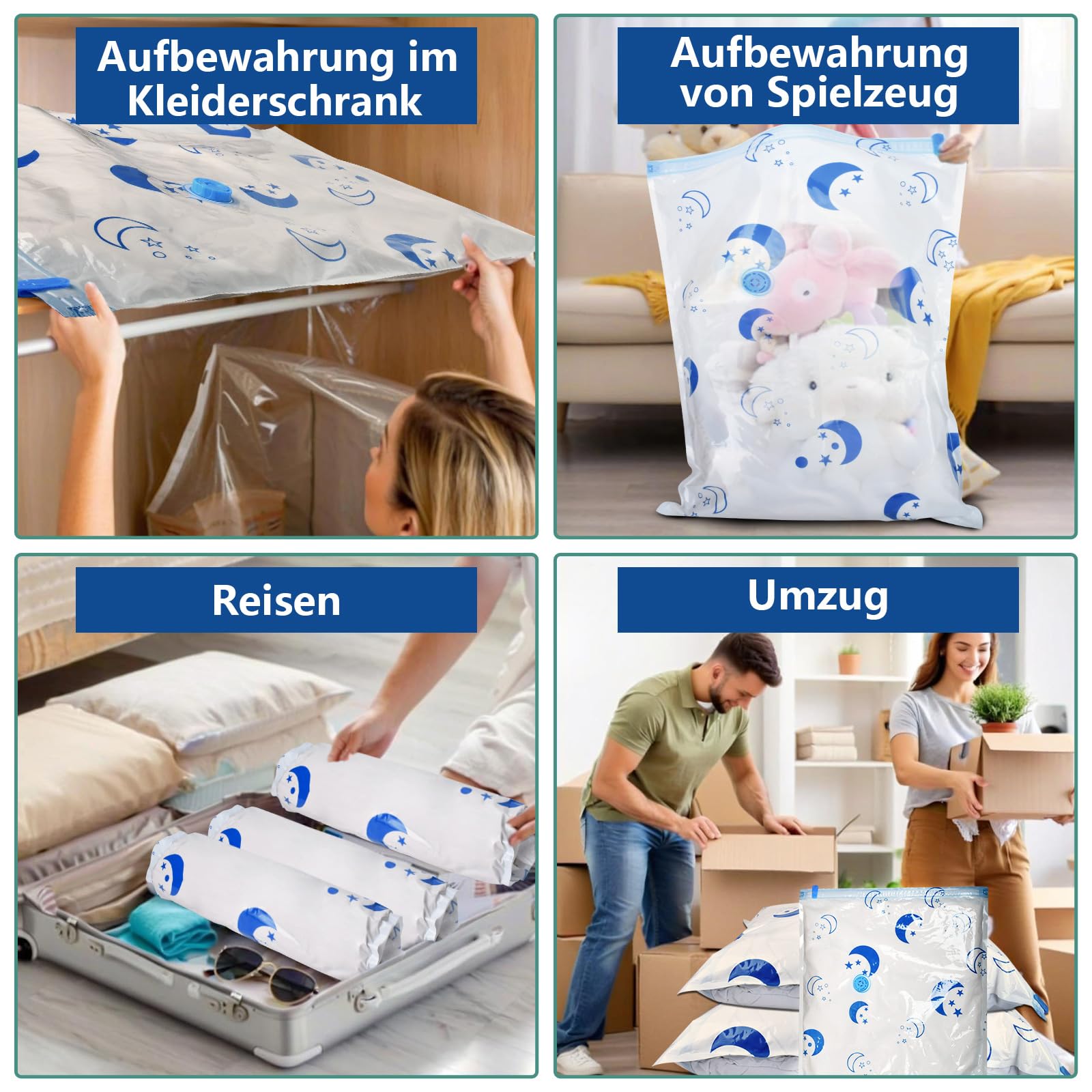 SZO Vakuumbeutel Kleidung Bettdecken elektrische Pumpe 16er Set 4 Größen | Bis zu 80% Platz sparen mit 16 Vakuumbeuteln. Elektrische Pumpe für schnelle Luftabsaugung, ideal für Kleidung und Bettwäsche