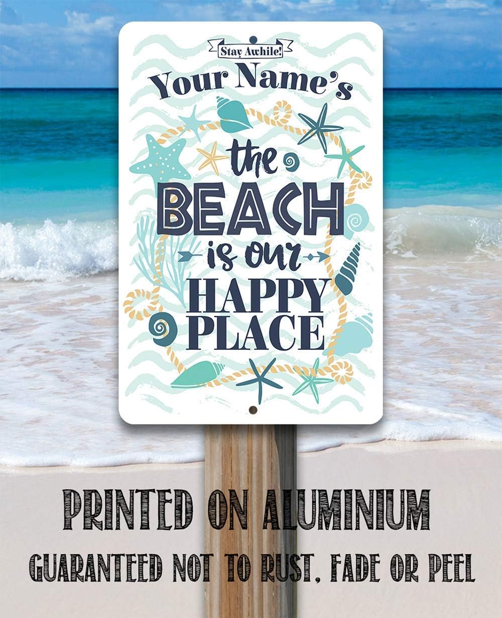 Personalized - The Beach is Our Happy Place - Custom Beach House Decor, Sea Shells Front Beach Display, Surf Camp Wall Accessories and Gift Idea, 8x12 or 12x18 Indoor or Outdoor Durable Metal Sign
