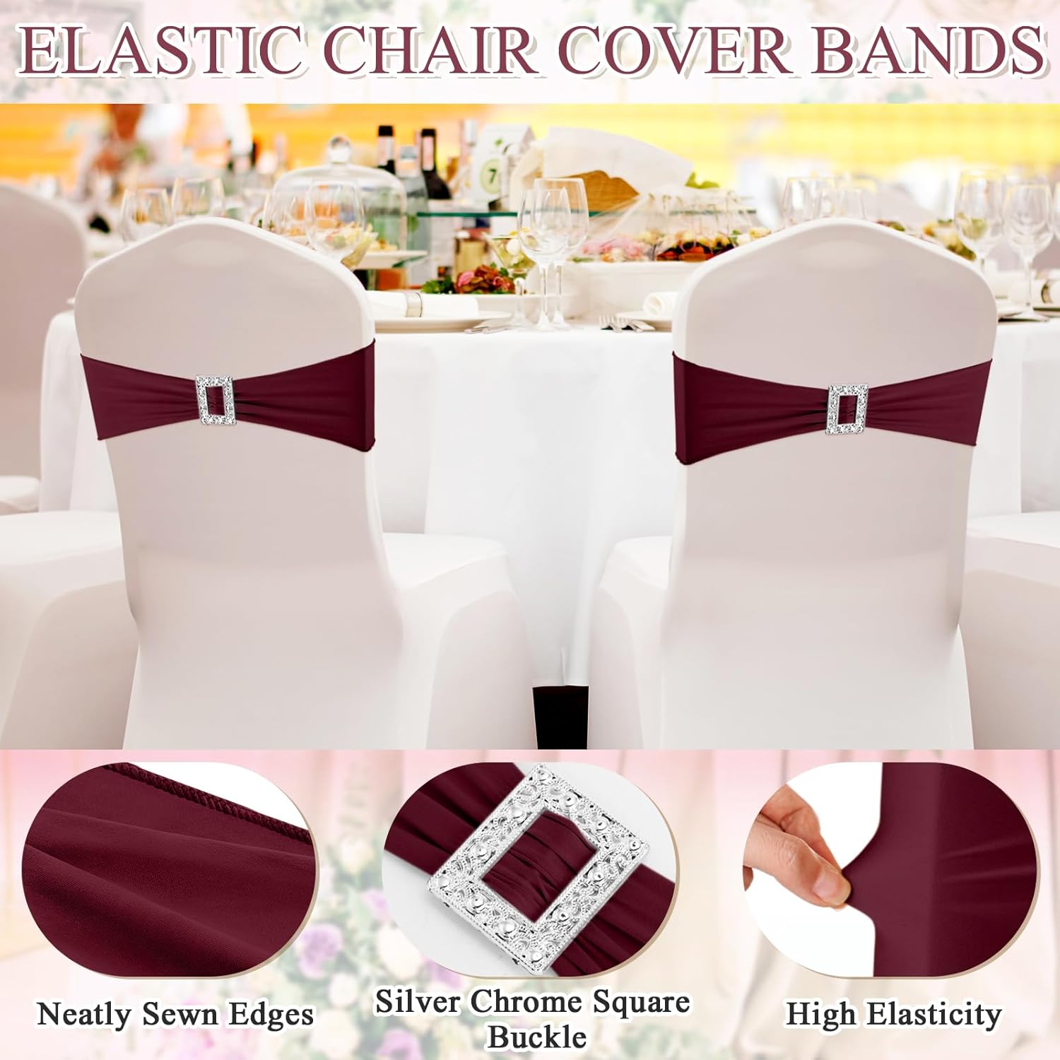 VitalCozy 100 Pcs Spandex Chair Sashes with Square Buckle Slider Stretch Chair Cover Band Universal Elastic Ties Straps Bows for Wedding Banquet Event Party Decoration(Burgundy)
