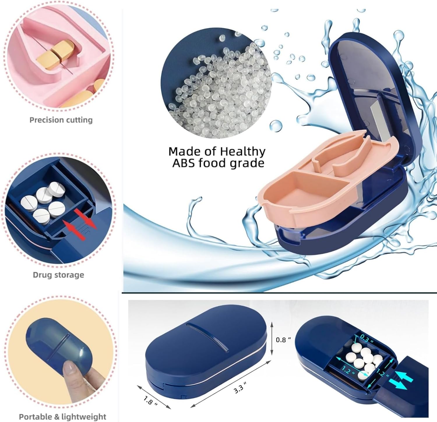 2 in 1 Pill Cutter and Splitter with Stainless Steel Blade for Cutting Small or Large Pills, Travel Mini Medicine Dispenser Box, Supplement Sorter, Fish Oil Planner, Perfect for Traveling