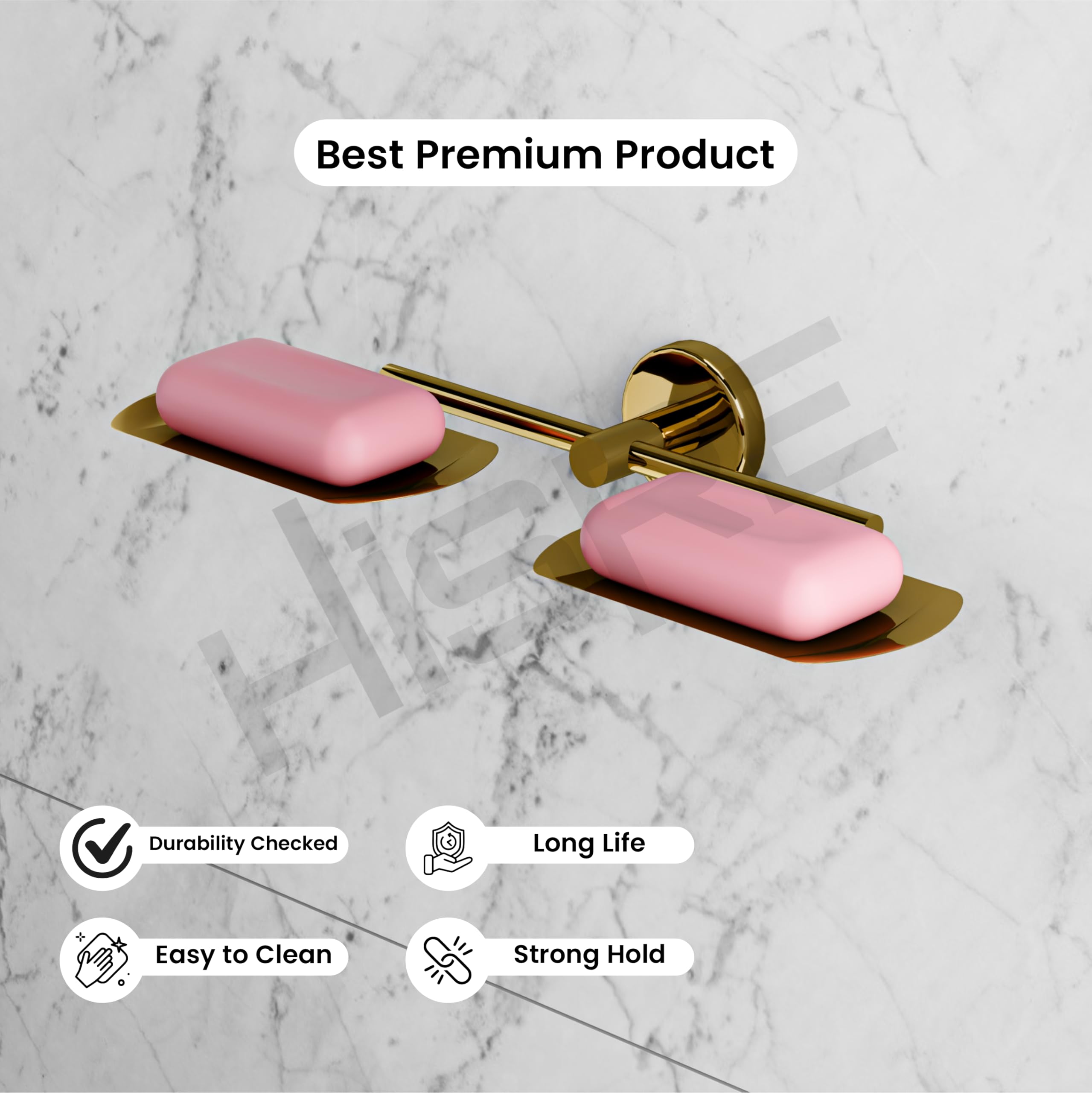 HISRE Double Soap Dish Holder Wall Mounted | Gold Bathroom Soap Tray with Dual Bar Holders, Modern Stainless Steel Soap Stand for Shower, Sink & Kitchen, photo 4 of 5