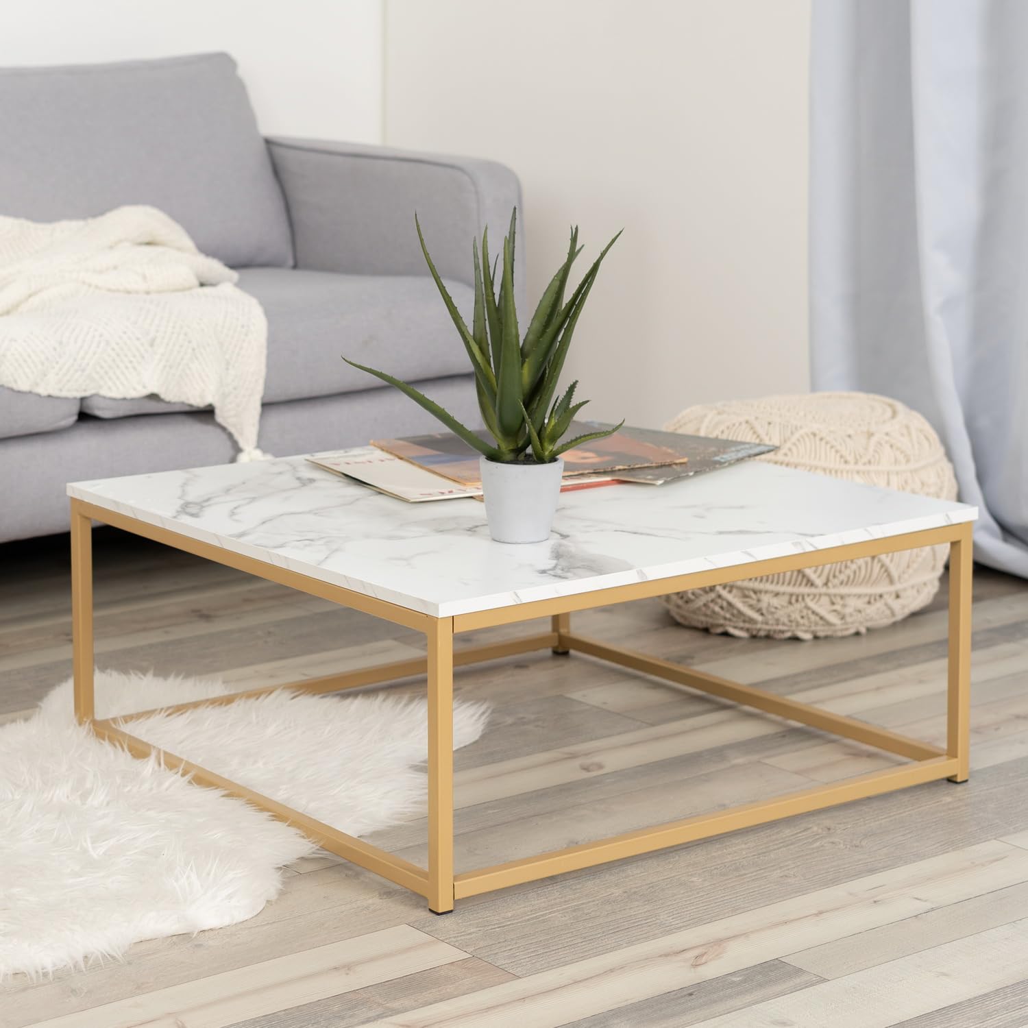 MEUBLE COSY Mesa de Centro Mesitas Salón para el café Sofá Mármol de imitación, Estructura de Metal, Estilo Industrial, 80x80x34cm, Blanco y Dorado