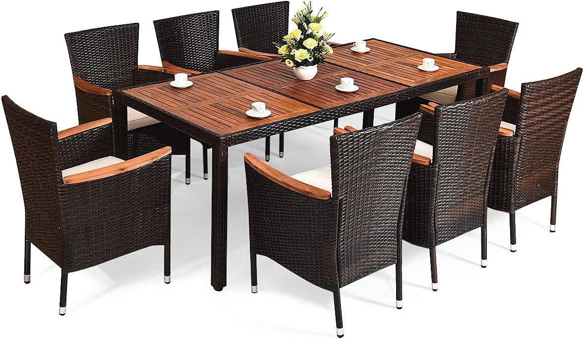 ReunionG 9PCS Outdoor Patio Dining Set, Garden Rattan Wick Furniture Set w/Acacia Wood Table and Stackable Armrest Chairs, Garden Dining Set for Patio, Poolside, Balcony and Indoor, Cushions Included