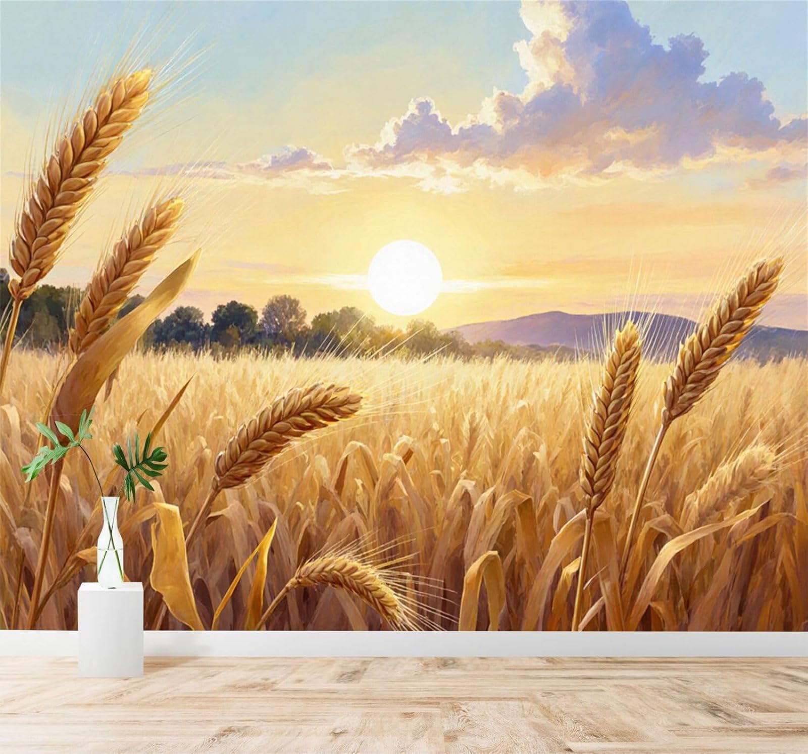 XLMING Sunset Countryside Golden Wheat Fields Mountains Warm Sky 3D Wallpaper Premium Textured Silk Study Dining Living Room Bedroom Sofa TV Wall Easy Install-400cm×280cm