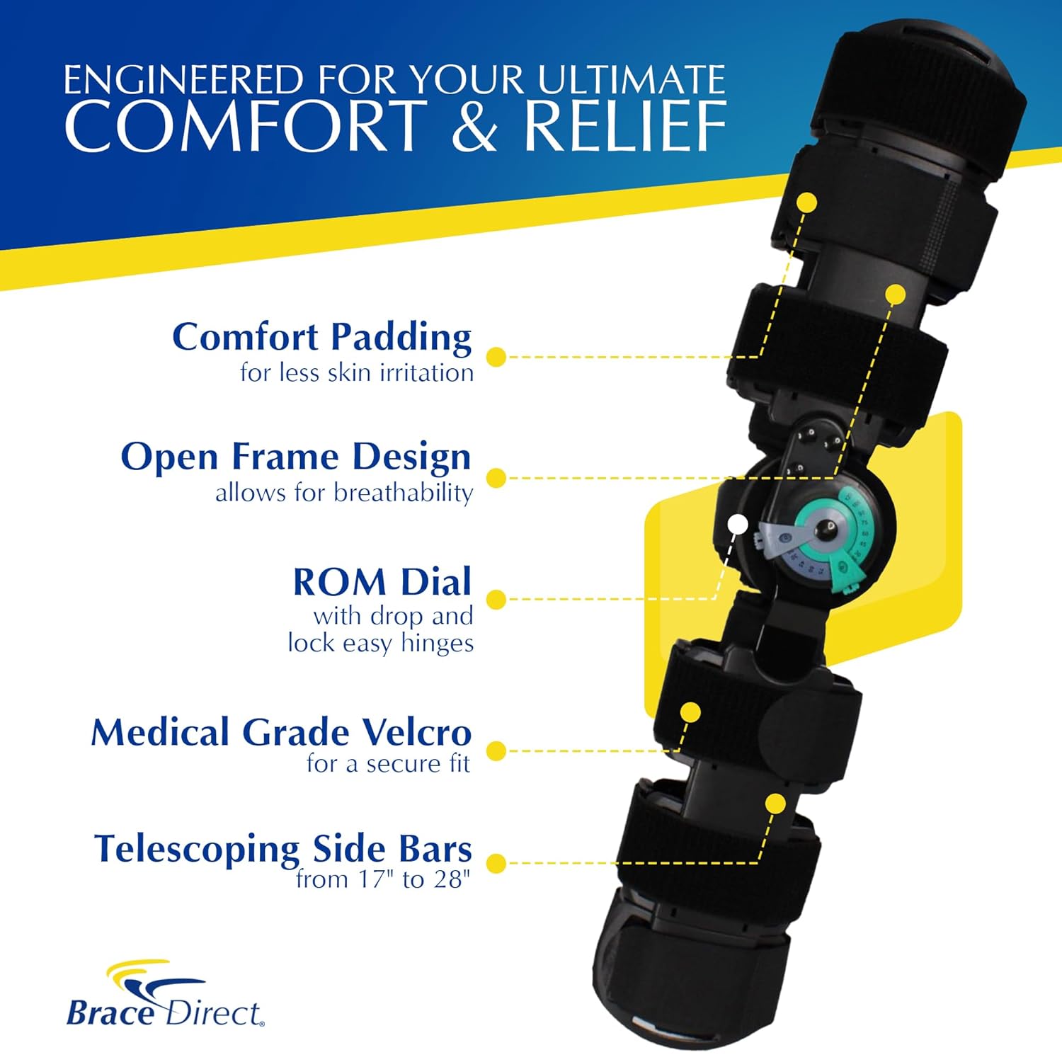 Brace Direct Post-Op ROM T-Scope Knee Brace - Telescoping Range of Motion Hinged Knee Support for ACL, MCL, PCL, Meniscus & Fracture Surgery Recovery Universal Fit (Thigh ≤ 28″, Calf ≤ 16″)