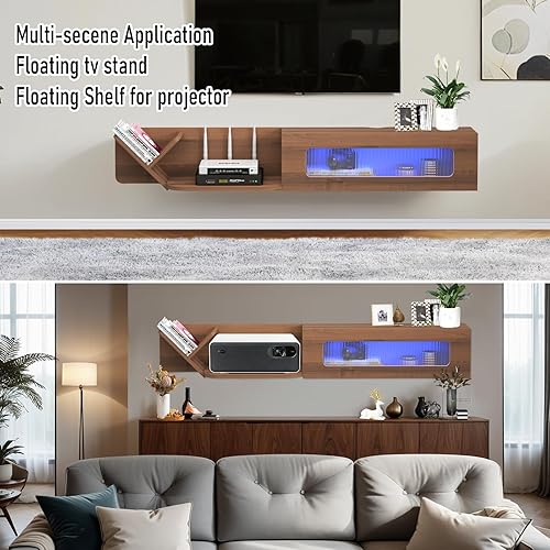 Miniatura 7 de Pmnianhua Soporte de TV flotante rústico con luces LED, consola multimedia montada en la pared de 59 pulgadas, centro de entretenimiento flotante,