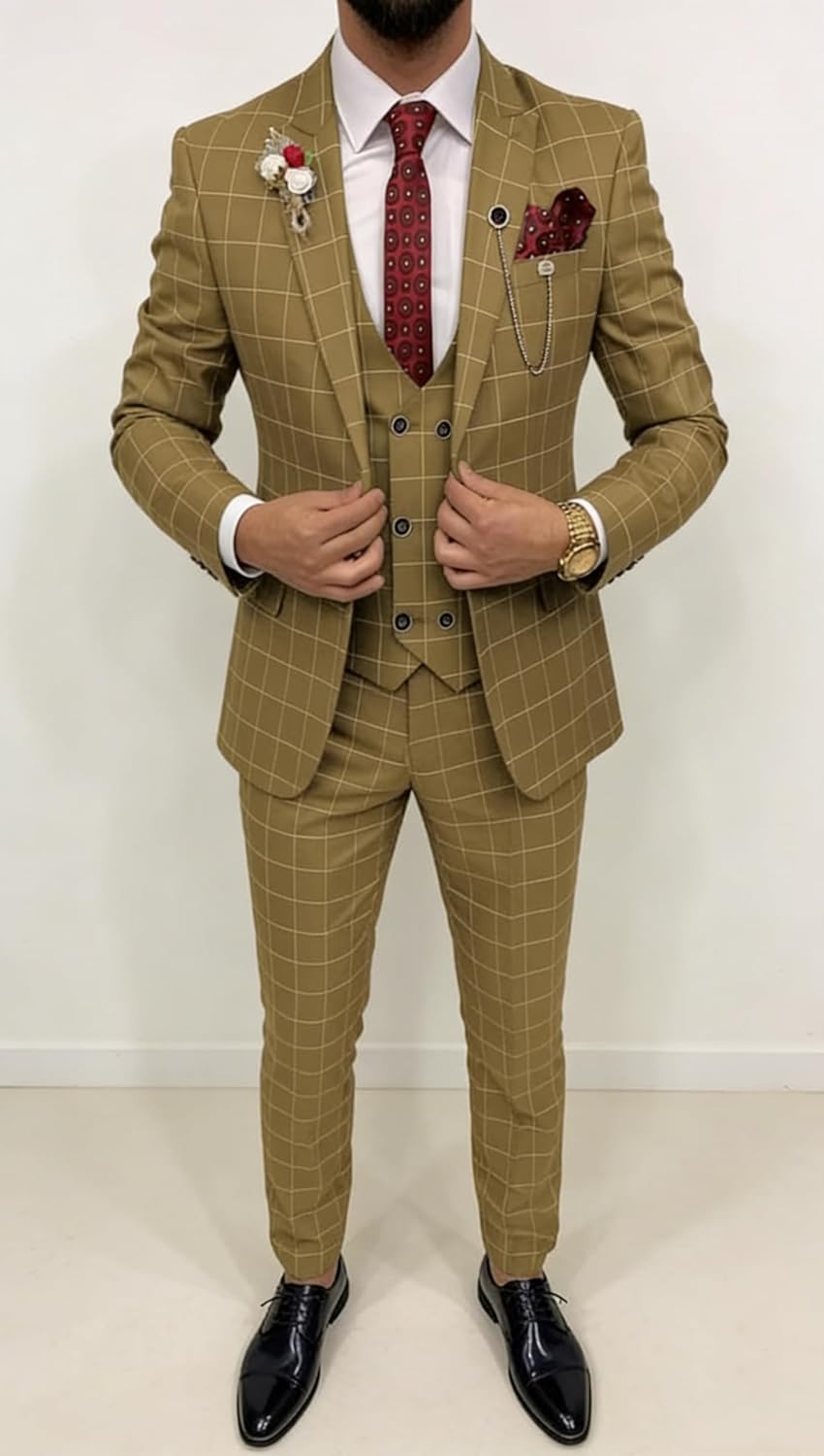 Men's Suit Slim Fit 3 Piece Plaid Suits for Men Checked Tuxedo Suit Men Formal Plaid Blazer Vest Pants Set