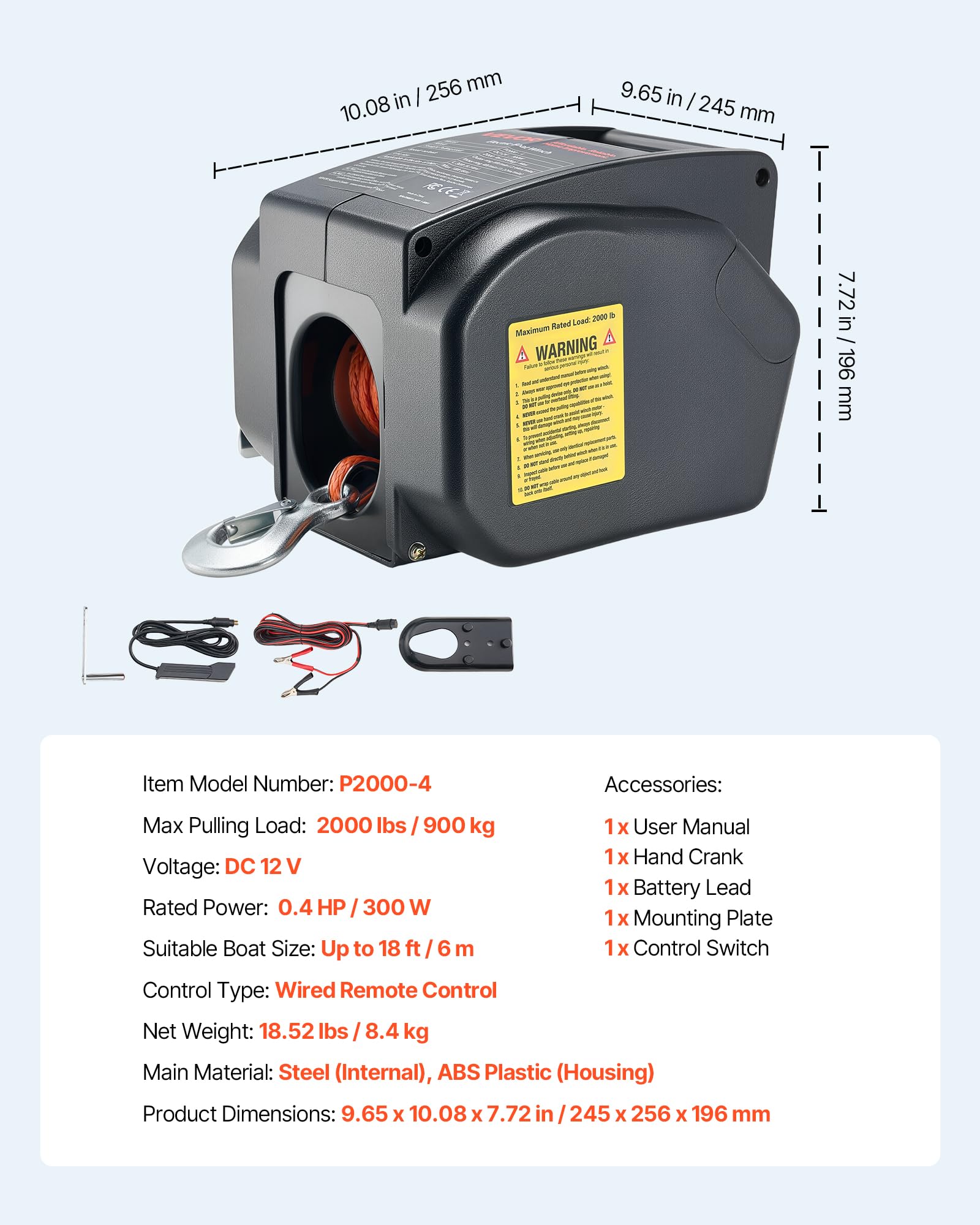 VEVOR Cabrestante Eléctrico, 12 V CC, 300 W, Reversible para Embarcaciones de hasta 900 kg, con Encendido y Apagado Automático, con Control Remoto con Cable y Manivela, 245 x 256 x 196 mm, Negro
