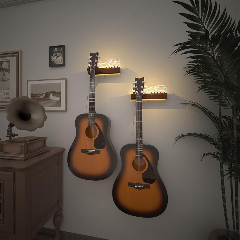 YuanDian LED Világítós Gitártartó Fali Akasztó Pengetőtartóval - USB Tápellátású Fa Gitárállvány Akusztikus Gitárhoz, Ukulelehez