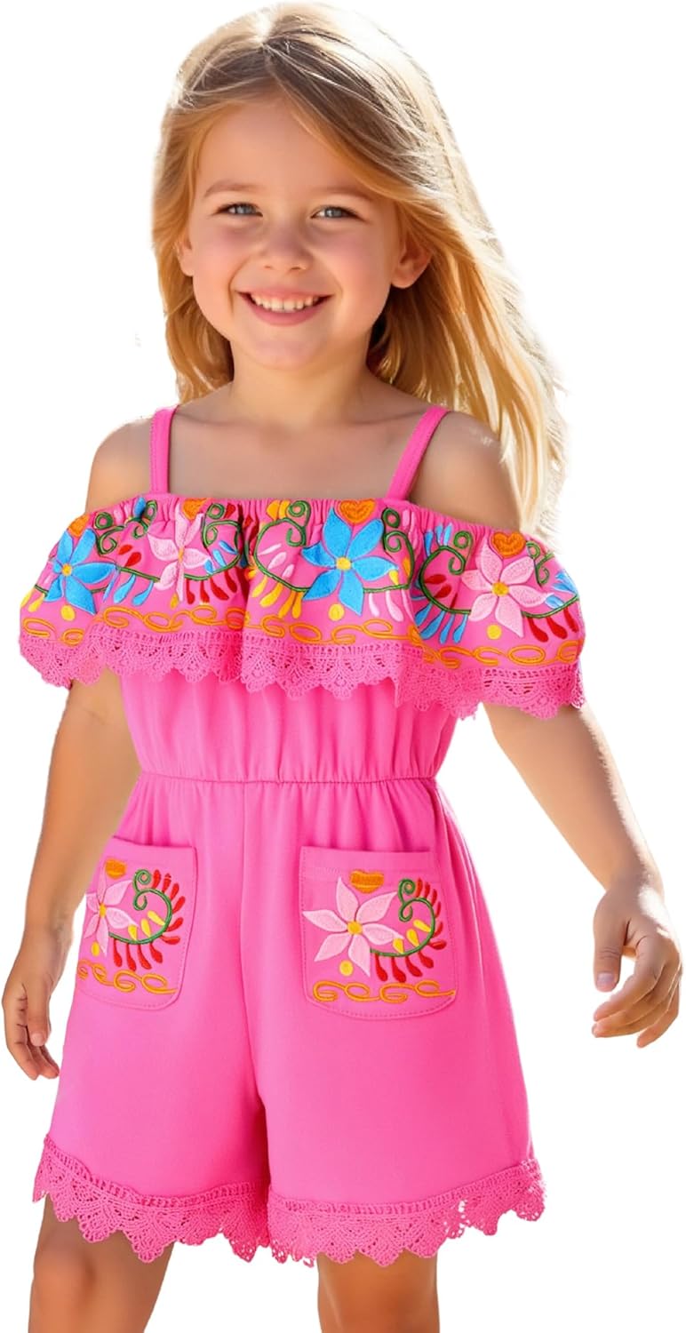 HINTINA Toddler Girl Mexican Ethnic Embroidery Floral Off Shoulder Jumpsuit With Headband