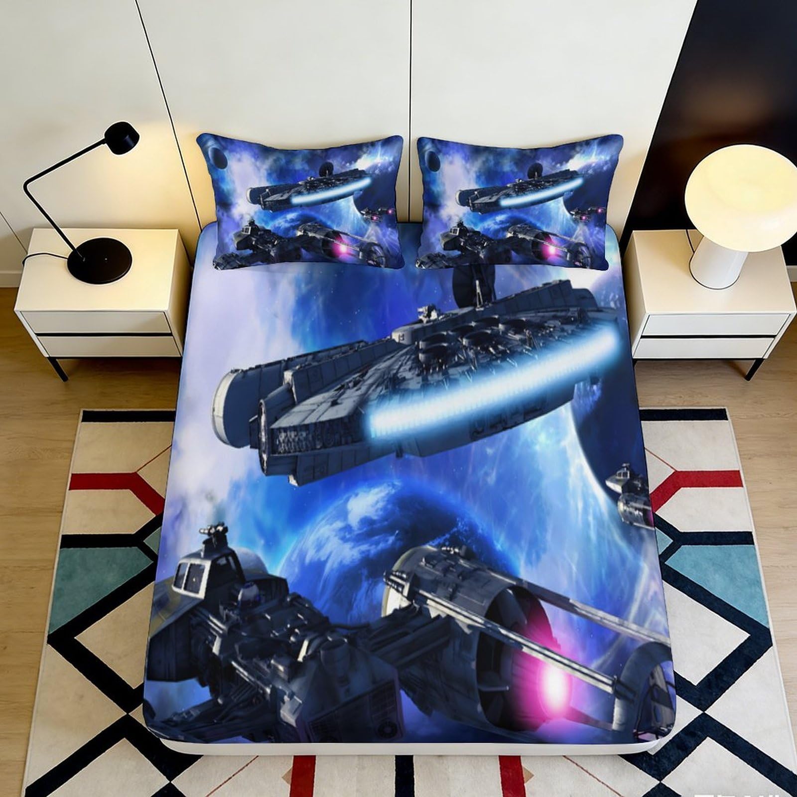 Uxinyoume Style-9 3D Printed Spaceship Galaxy Fitted Sheet Microfiber Soft Breathable Nebula Bed Cover Bedroom Dorm Decor 90X200x25cm