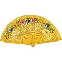 MIEBAOGE Women Vintage Spanish Folding Fan Double-Side Flower Painting Gypsy Wooden Hand Fan for Dance Festival Decoration, as Pictures, Yellow
