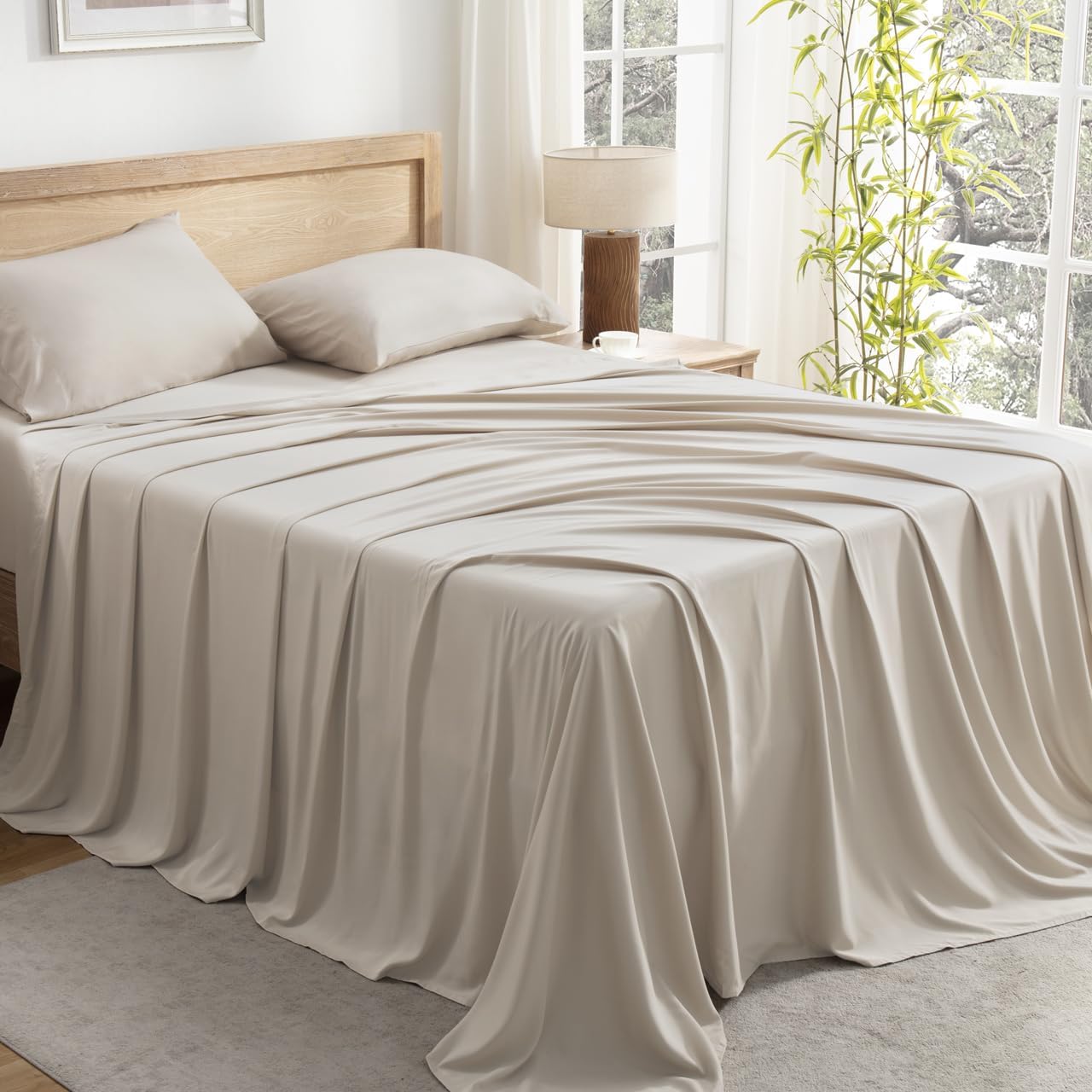 Andency Queen Sheets Set, 100% Viscose Derived from Bamboo, Beige Cooling Bed Sheets Queen Size, Deep Pocket Up to 16", Silky Soft Sheets, Hotel Luxury Oatmeal Bedding Sheets & Pillowcases