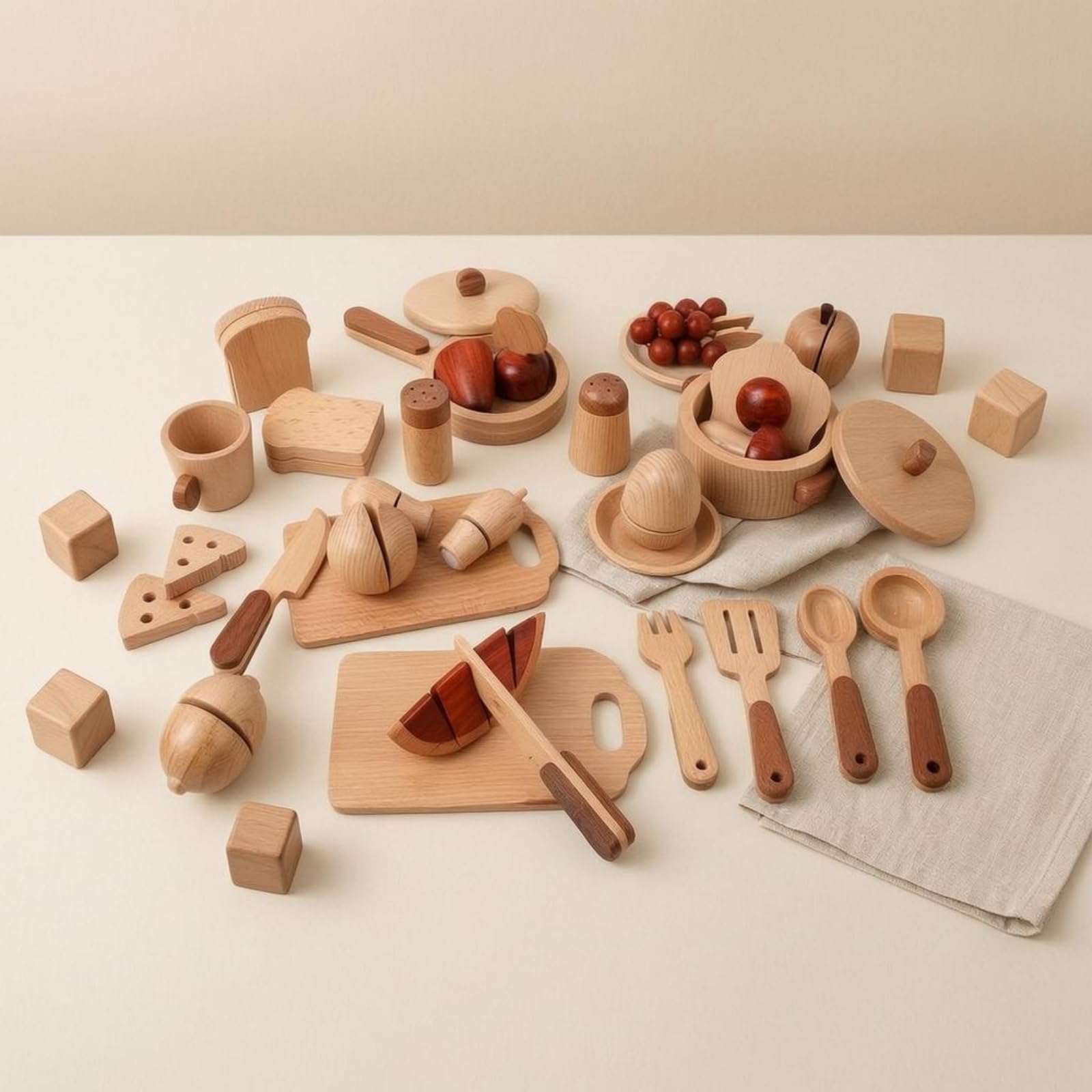 15 Pieces Giocattolo da Cucina in Legno Naturale Forme Arrotondate Set da Cucina in Legno Durevole Set Piatti Giocattolo